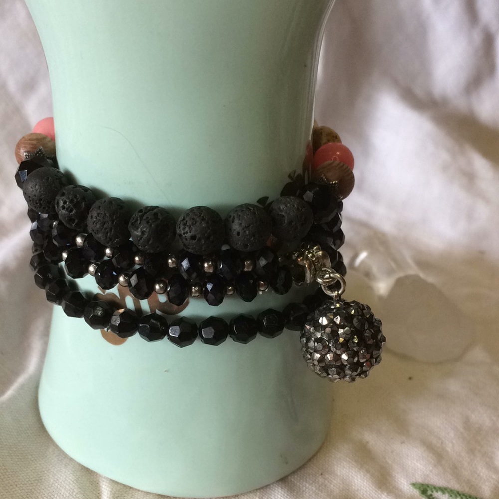 3 black faceted bead stretch bracelets